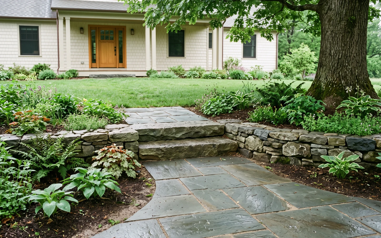 Generated Hollins hardscape planning concept showing a distinct hardscape material and transition detail